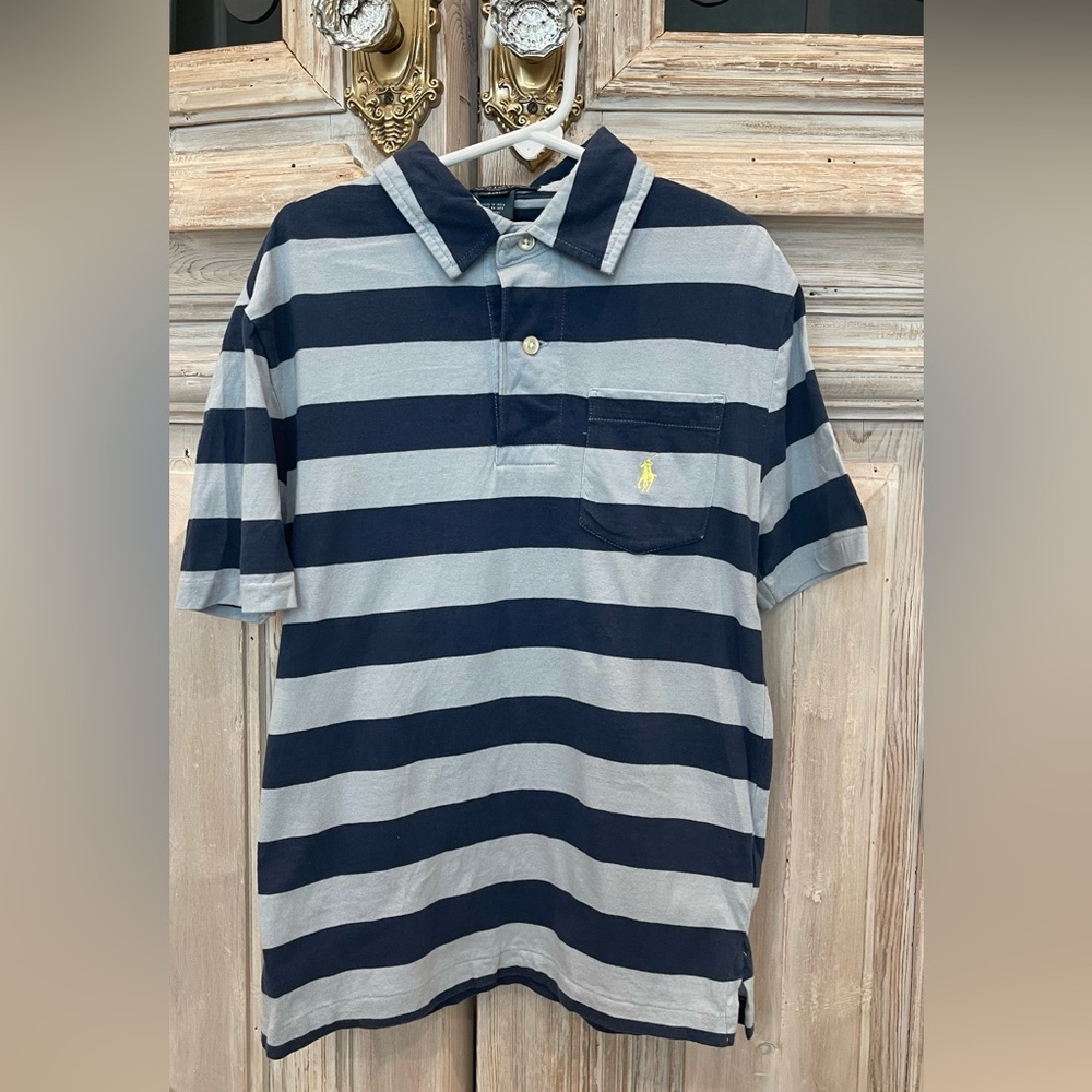 Polo by Ralph Lauren 
Boys sz8
Light & dark blue stripes with yellow horse